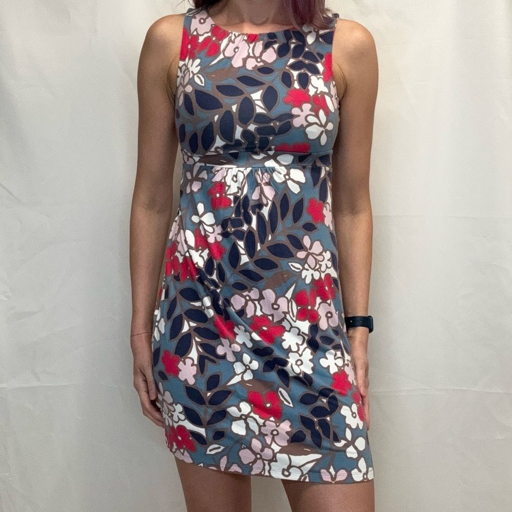 Boden Women’s Floral Empire Waist Mini Dress Size 6R Stretch Blue Pink